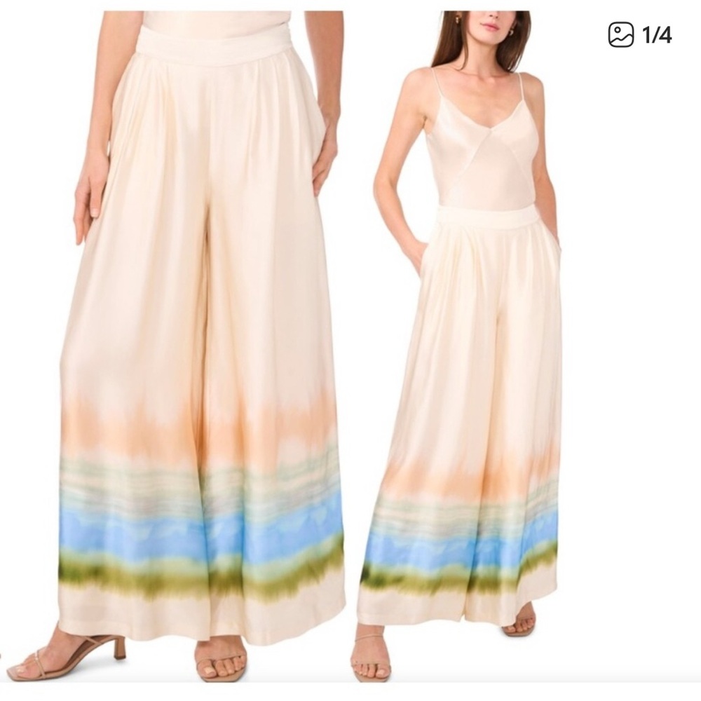 Wide Leg Tie-Dye Hem Satin Pants - Cream/Blue/Green